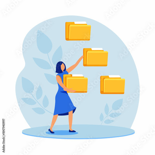 Woman reaching for and managing multiple floating file folders digitally