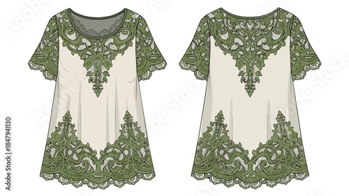Elegant ivory tunic with intricate green lace detailing on sleeves and hem