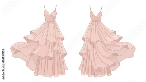Elegant pastel pink ruffled gown illustration showcasing flowing fabric and delicate straps