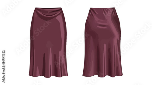 Elegant damson satin midi skirt presented with front and back views on a white background for fashion design