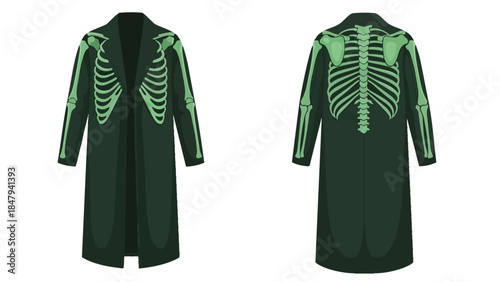 Artistic Representation of a Fashionable Dark Green Coat Adorned with an Intricate Skeleton Bone Design for Unique Style