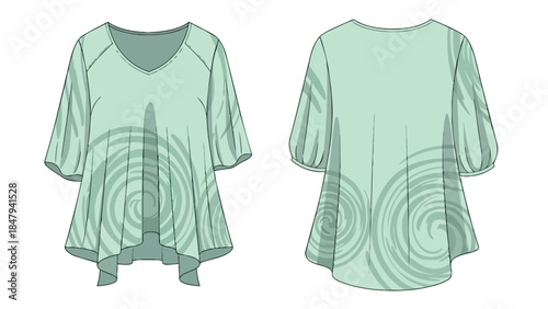 Fashion design illustration of a flowing mint green tunic with swirling abstract pattern on sleeves and hem