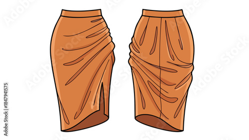 Elegant draped orange skirt design illustration with side slit and detailed ruching perfect for fashion sketches and design concepts