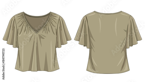 Stylish V-Neck Blouse Design with Fluttering Sleeves Showcasing Front and Back Views for Fashion Apparel Concepts