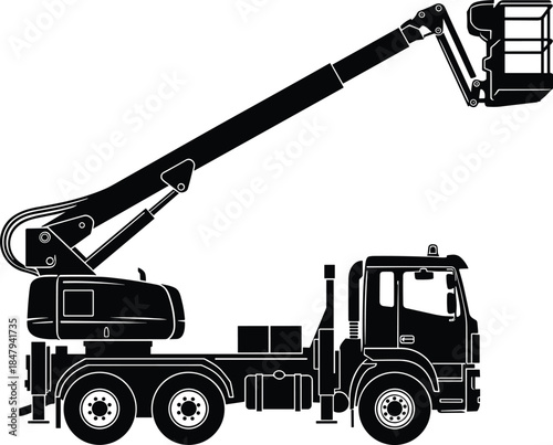 Truck aerial platform, cherry picker silhouette, hydraulic boom lift, elevated work vehicle, maintenance equipment icon, construction access flat vector