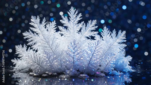 Beautiful winter scene with snowflakes and bokeh lights in the background.