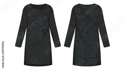 Elegant dark floral pattern long-sleeve midi dress presented from front and back views for fashion design concepts