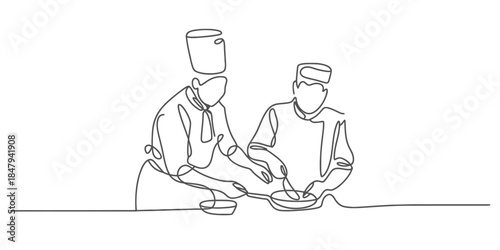 Continuous line art drawing of two professional chefs preparing food side by side Vector, illustration