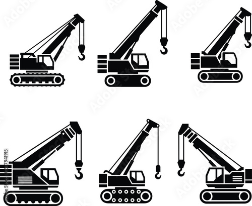 Mobile crane icons set, construction equipment silhouettes, heavy lifting machinery, industrial transport tools, engineering vehicles illustration, black white flat vector