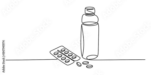 Continuous line art drawing illustrating a medicine bottle and a blister pack with pills Vector, illustration