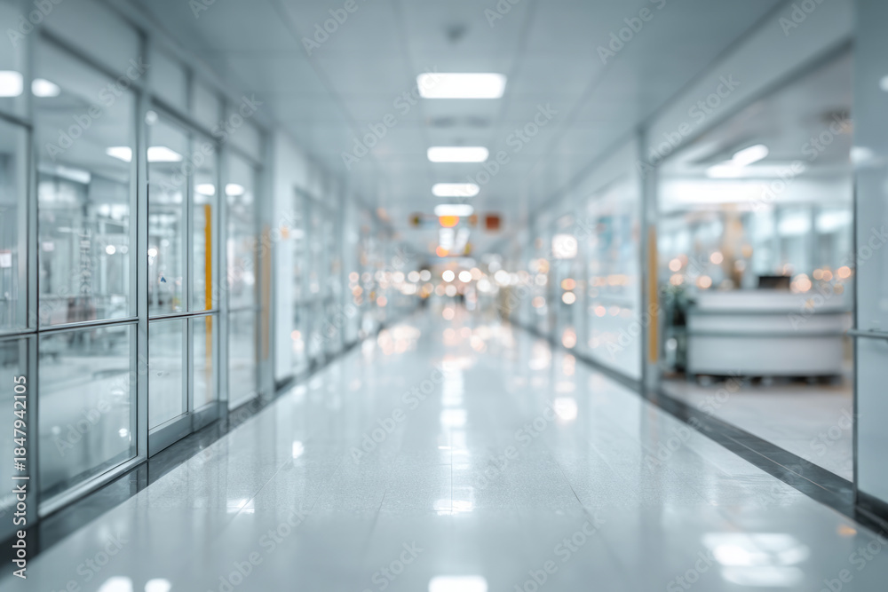 Fototapeta premium Modern hospital corridor, clean hallway, medical interior, bright light, blur background