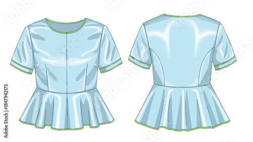 Fashionable light blue peplum top design with short sleeves and subtle green trim shown from front and back views
