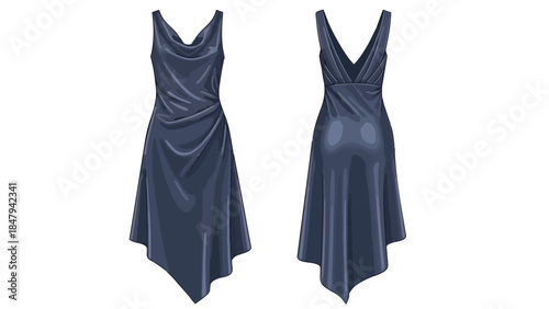 Elegant navy blue cocktail dress with asymmetrical hemline showcased from front and back views