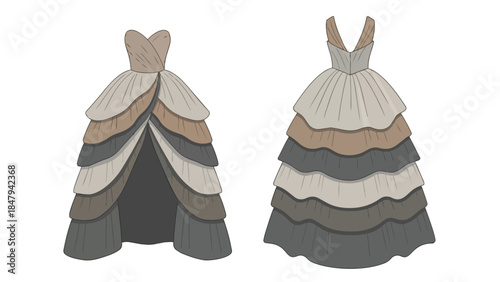 Elegant Layered Gowns Evoking Vintage Charm and Sophistication in a Neutral Palette