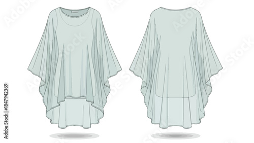 Elegant flowy kaftan top sketch front and back views minimalist fashion design illustration