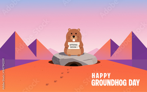 Groundhog Day vector illustration with cute cartoon groundhog Great for poster, greeting card, banner, flyer, postcard, etc.