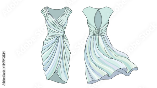 Elegant light blue draped cocktail dress illustration showing front and back views with a keyhole detail