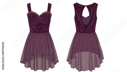 Elegant Plum Colored Cocktail Dress Design Showcasing Front and Back Views with Detailed Texture