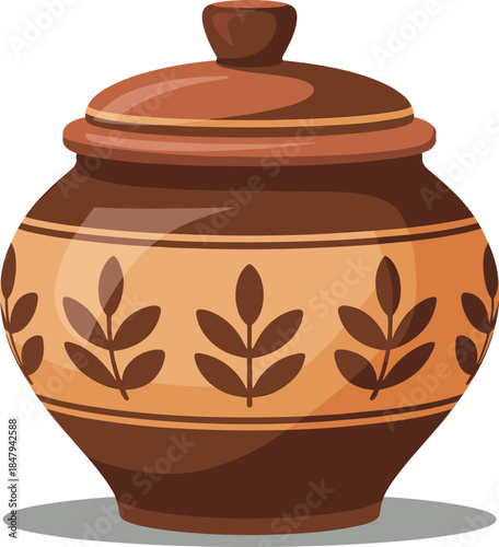Handcrafted Clay Pot with Lid Vector Illustration