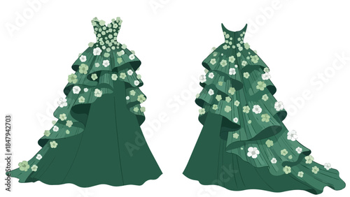 Exquisite Emerald Gown Adorned with Delicate Petal Embellishments and Cascading Ruffles