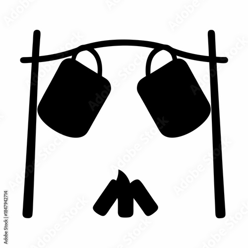 Silhouette camping scene with campfire and cooking pots over fire