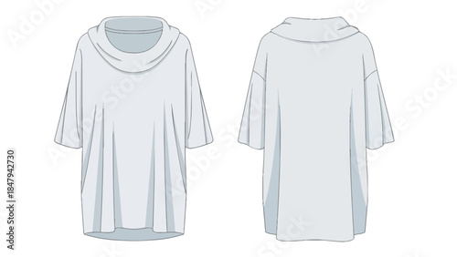 A minimalist flat sketch showcasing a draped cowl neck t-shirt design from front and back views