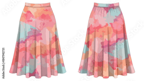 Vibrant watercolor-inspired midi skirt design showcasing a flowing A-line silhouette with an abstract pastel color splash pattern