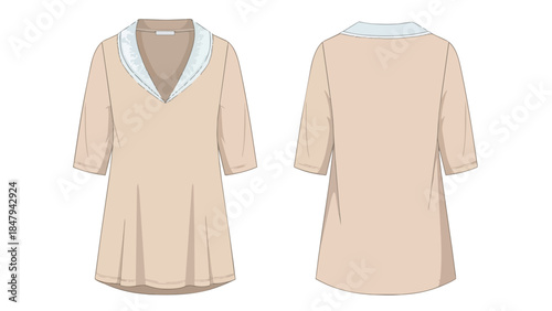 Elegant beige top with a distinctive white collar, showcasing a flattering V-neck and short sleeves, presented from both front and back views for