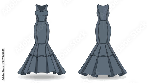 Elegant grey fishtail gown illustration showcasing front and back views detailed design elements and silhouette.