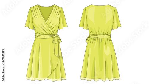 Fashion illustration of a vibrant lime green short-sleeved wrap dress with a belted waist and flutter sleeves displayed from front and back views