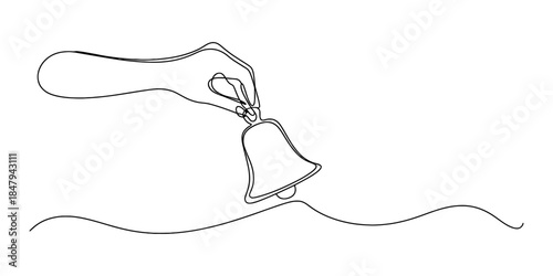 A single continuous line drawing capturing a hand holding a decorative bell ready to ring Vector, illustration