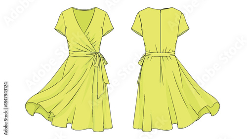 Vibrant yellow wrap dress illustration showcasing elegant design and flow from front and back views