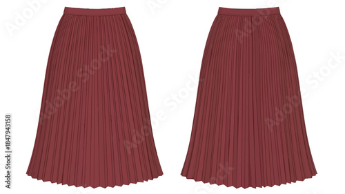 Elegant Pleated Midi Skirt Presentation Two Views Burgundy Hue High Fashion Apparel Showcase