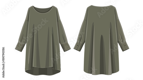 Stylized illustration of a long-sleeved olive green oversized tunic dress presented front and back views