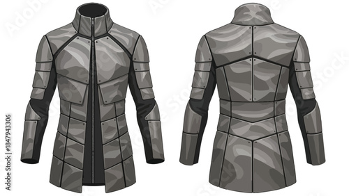 Futuristic battle armor jacket with segmented plates and reinforced shoulders and sleeves in a striking metallic gray color