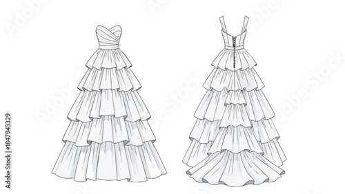 Detailed illustration of two tiered ruffled ball gowns with elegant bodice designs presented side by side on a white background