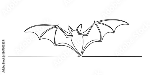 Continuous single line drawing of a flying bat silhouette against a white background Vector, illustration