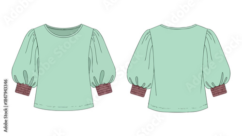 Elegant Mint Green Blouse with Voluminous Puff Sleeves and Textured Cuffs Front and Back View Apparel Design Sketch