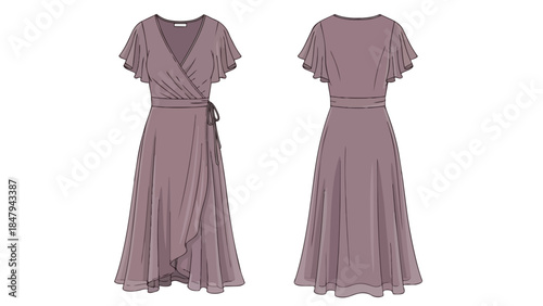 Elegant Mauve Wrap Dress with Flutter Sleeves and Flowing Skirt Detailed Fashion Illustration Front and Back View