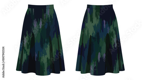 Abstract vertical brush stroke pattern midi skirt in dark blue and forest green palette for fashion design