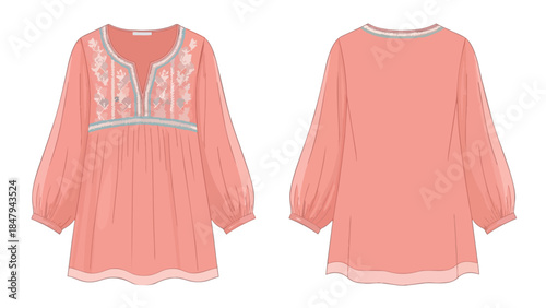 Elegant Coral Blouse with Intricate Embroidery and Voluminous Sleeves: Front and Back Views for Fashion Design