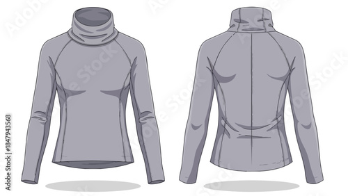 Detailed Front and Back Illustration of a Sleek Gray Mock Neck Long Sleeve Top with Princess Seams and Raglan Sleeves