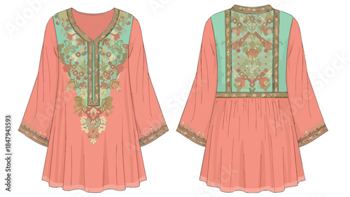 Elegant coral tunic with intricate embroidered neckline and sleeves showcasing cultural textile artistry