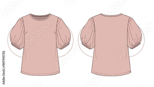 Fashion flat sketch of a chic puff-sleeve top for design and pattern making inspiration