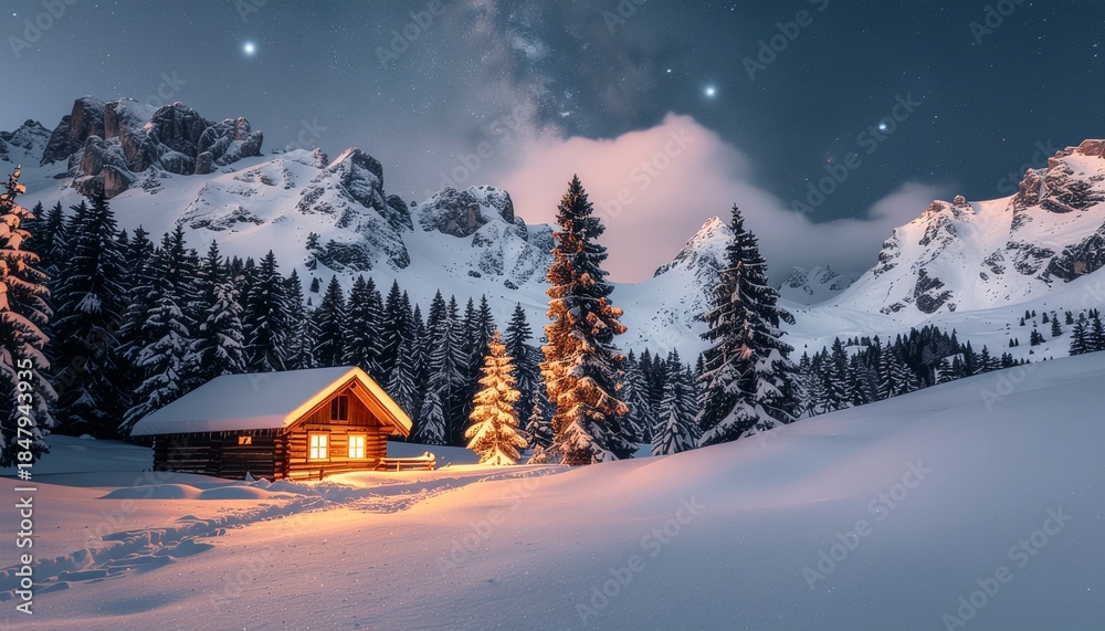 Fototapeta premium Snowy Mountain Christmas Cabin at Night 