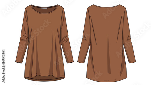 Front and back view flat sketch of a simple and elegant brown long-sleeved tunic top