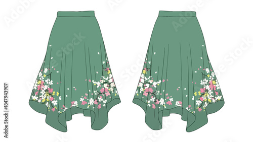 Elegant green midi skirt adorned with delicate floral prints for a whimsical and feminine fashion statement