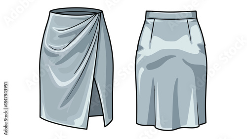Illustrative depictions of elegant draped and pleated skirts, showcasing fashion design concepts in a clean graphic style