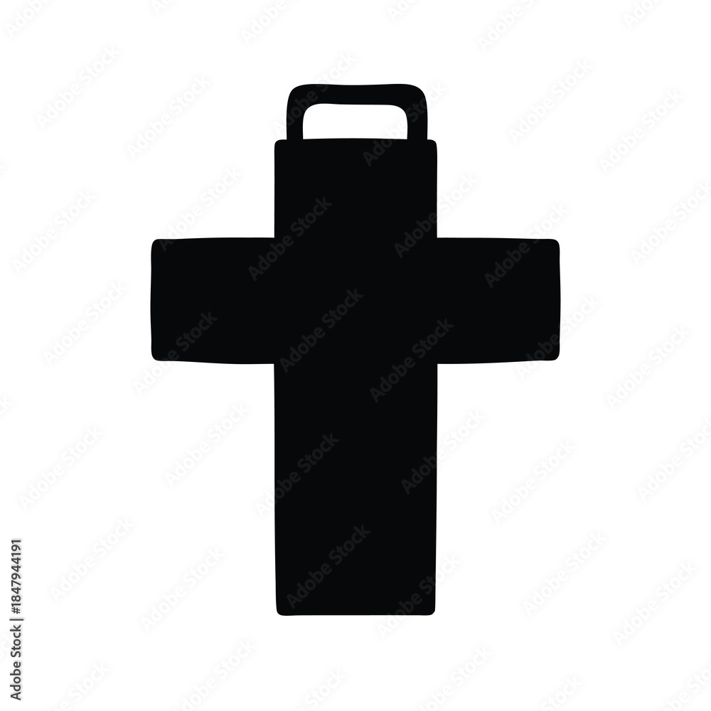 Obraz premium Medical first aid cross icon- Black silhouette icon of a medical first aid kit shaped as a cross with handle, symbolizing healthcare, emergency help, and medical services. 