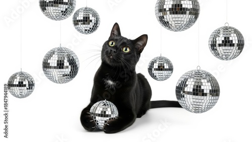 Cat Beside a Mirrored Disco Ball